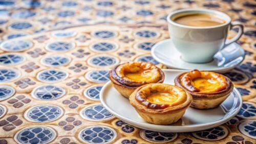 Fresh pastel de nata and cups of coffee in a bakery in Lisbon, Portugal, Portuguese, pastry, bakery, Lisbon, Portugal, traditional