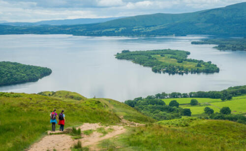 Panoramic sight from Conic Hill, Balmaha, village on the eastern shore of Loch Lomond in the council area of Stirling, Scotland.