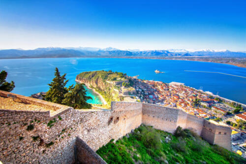 Old town of Nafplion in Greece view from above with tiled roofs,