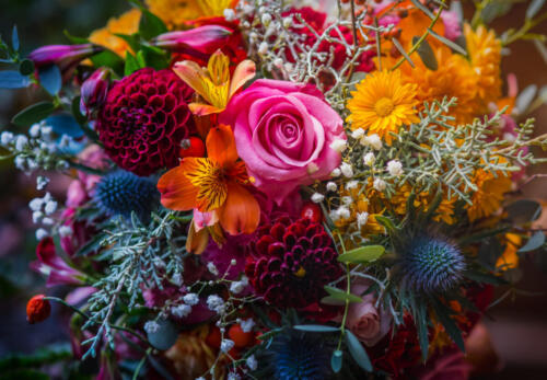 Beautiful, vivid, colorful mixed flower bouquet still life detai