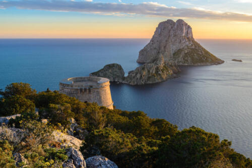 Savinar Tower and Es Vedra island, Ibiza, Spain
