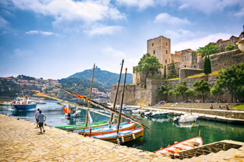 Royal Castle (The Chateau Royal de Collioure), a massive French royal castle, and the harbour in the town of Collioure, France