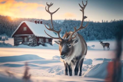 Reindeer  in Christmas Winter Time Lapland,  with Beautiful Snow