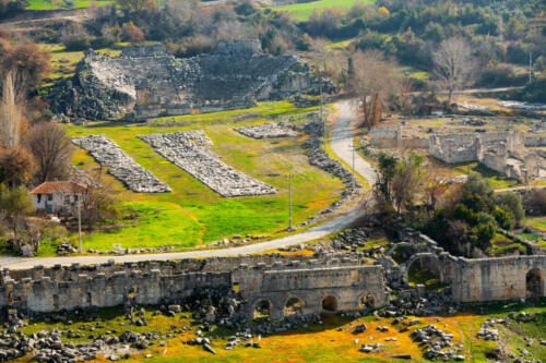 The ruins of an ancient Roman theater in Tlos, Turkey.