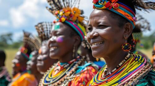 Women of Eswatini. Women of the World. A vibrant group of African women wearing traditional beaded accessories with joyful expressions under a sunny sky #wotw