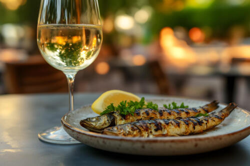 Crisp glass of Vinho Verde paired with grilled sardines on a rustic plate, outdoor seaside setting at sunset